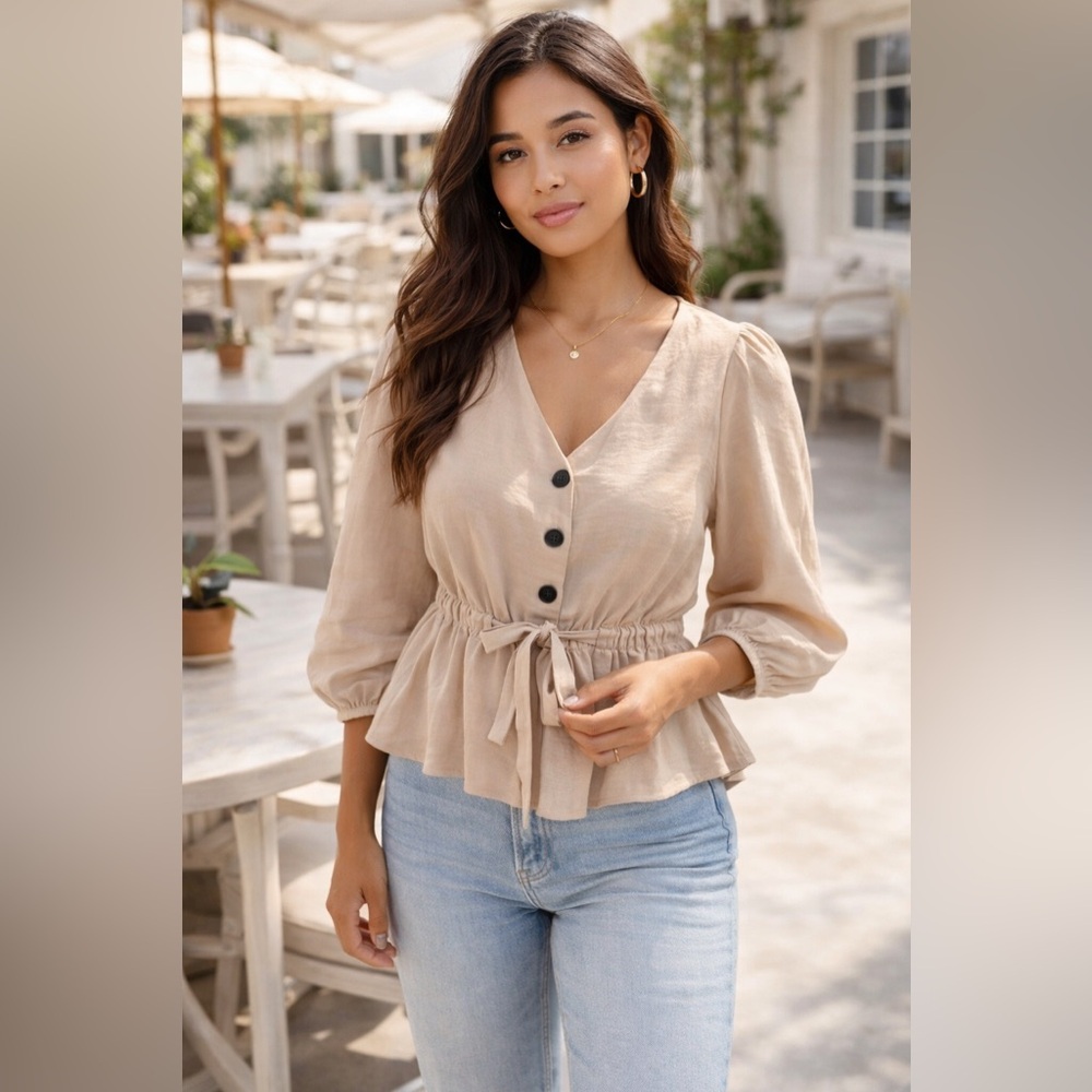 Cavalini Beige Peplum Blouse Womens M Tie Waist Button Boho Puff Sleeve Top